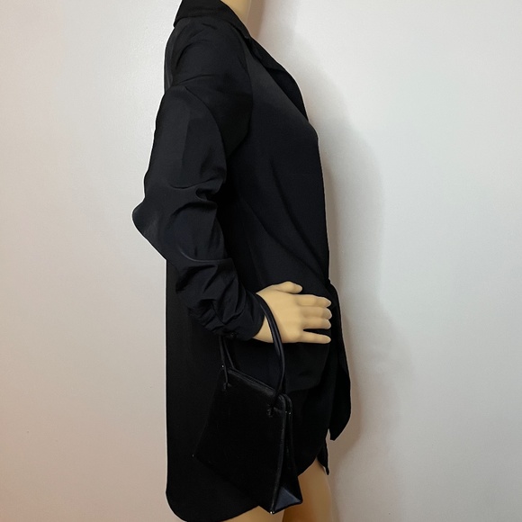 Black sheen lightweight button down long sleeve dress w/ bow tie in the front! - Picture 13 of 14